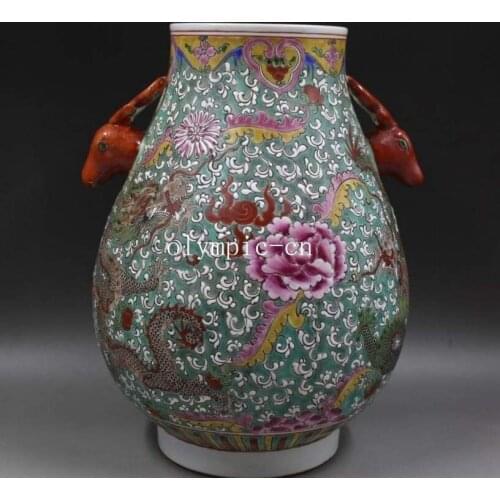 13'' chinese fencai porcelain auspicious flower dragon design deer jar vase