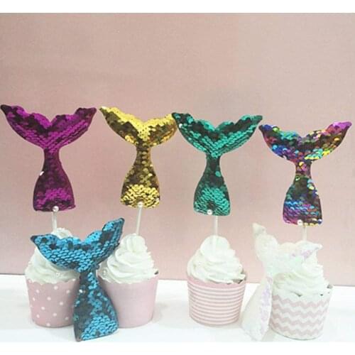 28 Pcs Mermaid Tail Cake Toppers Glitter Cupcake Mermaid Theme Party Favors