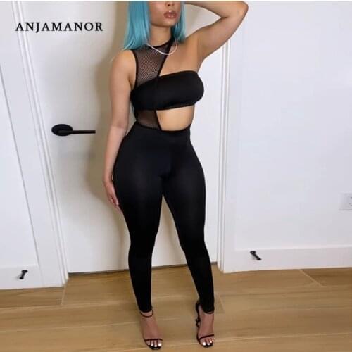 ANJAMANOR Sexy Jumpsuits Two 2 Piece Pant Sets Club Outfits for Women Black Mesh Hollow Out Matching Sets 2021 D82-CZ23