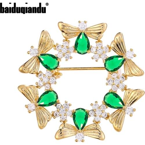 Baiduqiandu Cubic Zircon Bees And Small Flowers Compose Round Brooches Pins For Women Girls Green Golden 2-Color Clothes Pins