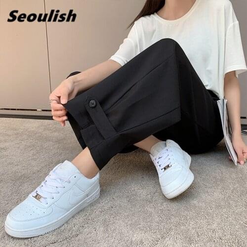 Seoulish 2021 New Autumn Black Womens Wide Leg Pants High Waist Elegant Cargo Pants Work Casual Loose Trousers Female