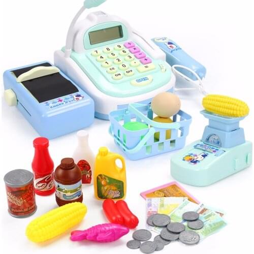 Kids Supermarket Cash Register Electronic Toys with Foods Basket Money Children Learning Education Pretend Play Set