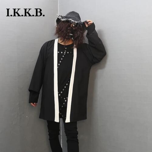 Medium length Japanese and Korean Harajuku solid kimono loose size thin fashion cardigan coat mens contrast color buttonless wi