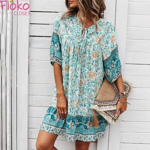 Flokocloset Summer Bohemian Print V-Neck Short Sleeve Mini Dress Casual Vintage Party A-line Beach Sundress