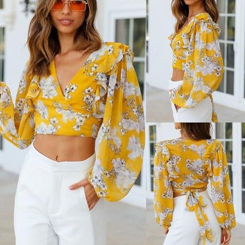 Summer Fashion Cropped Blouse Tops Long Lantern Sleeve Wrap V Neck Tie Up Knot Back Sexy Slim Wild Floral Printed Blouse