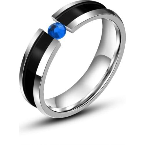 Fashion Red / Blue Zircon Ring Silver Color Titanium Steel Ring Couple Ring Promise Engagement Wedding Ring Romantic Lover Gift