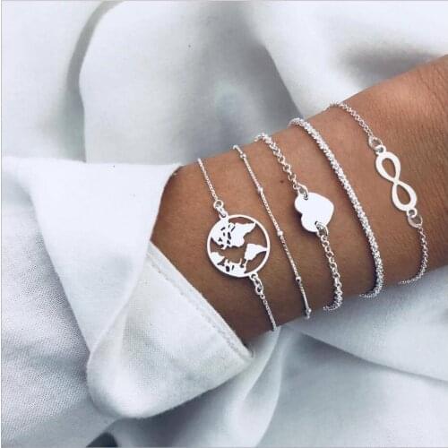 2019 fashion jewelry bracelets set 5pcs/set world map heart Lucky 8 accessory bead chain beaded strands silver plated