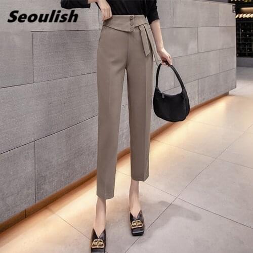 2020 New Autumn Formal Women Harem Pants Buttons Chic High Waist Elegant Office Lady Ankle-Length Straight Pants Pockets Korean