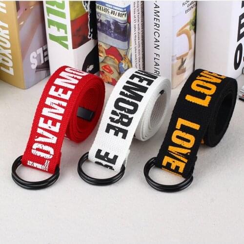 Women Harajuku Belt Red Letter Printed Fashion Unisex Double D Ring Canvas Strap Female Long Belts for Jeans