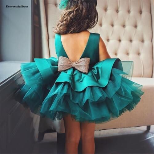 Puffy Green Girl Tutu Gowns Flower Girls Dresses Scoop Bows Birthday Party Girls Pageant Gowns First Christening Communion Dress