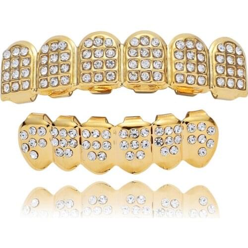 2 Set Hip Hop Teeth Grills Top &Bottom Iced Out Bling Grillz With Full Rhinestone Dental Grills Party Vampire Tooth Jewelry