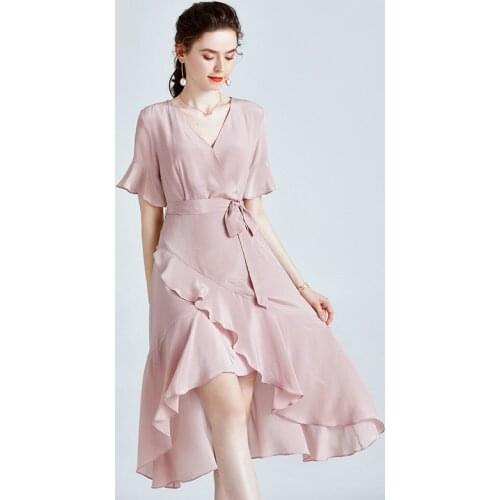 Pink Irregular Lutos Edge Silk Dresses Women Fashion 2021 Summer Long Casual Sexy Office Work Daily Dress Plus Size Slim Fit