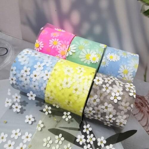 6Cm 25Yards Floret Tulle Daisy Roll Diy Handmade Craft Hair Ornament Baking Cherry Blossoms Printed Mesh Fabric Party Supplies