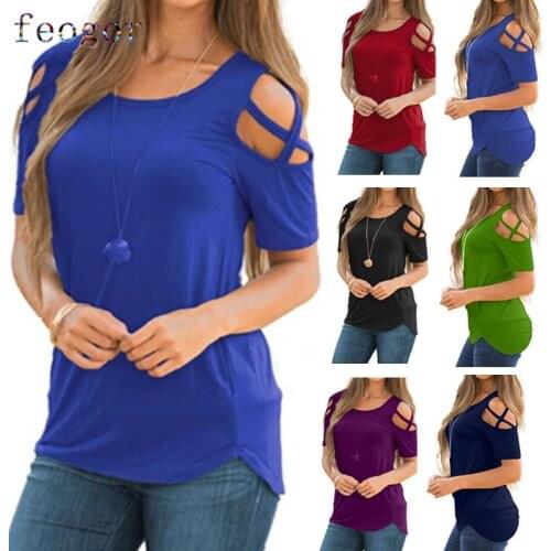 FEOGOR Womens blouse Casual T-shirt 2021 summer new womens T-shirt solid color casual holed shoulder strap T-shirt women