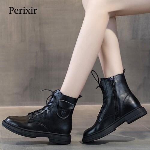 Perixir Ankle Boots Women Genuine Leather Autumn Short Plush Round Toe Lace-Up Thick Bottom Black Cool Girl Booties 2020 New