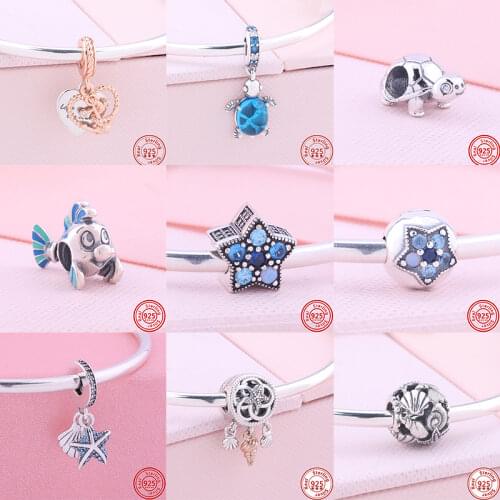 New 925 Sterling Silver Glass Sea Turtle Dolphin Starfish Dangle Charm Fit Original Pandora Charms Bracelets Women Beads Jewelry