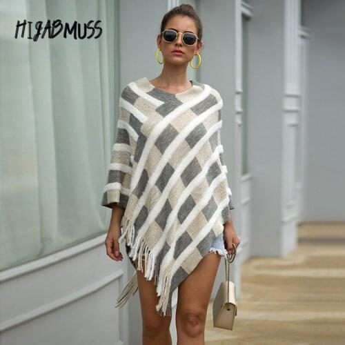 Autumn And Winter New Womens Casual V-neck Pullover Fashion Long-sleeved Shawl Fringed Cloak Plaid Knitted Top Women
