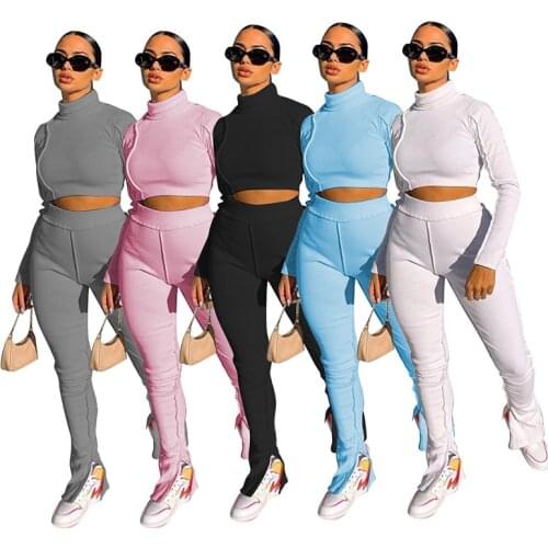 Autumn Winter Streetwear Ribbed Sweatsuit Women Two Piece Set Solid Color Sweater Legging Pants Set Crop Top Fitness Tracksuit