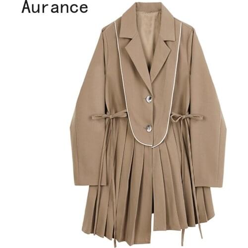 [Aurance] Women soild Bandage Irregular Pleated Dress New Notched Collar Long Sleeve Loose Fit Fashion Tide Spring Autumn 2021