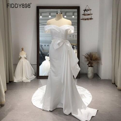 Ivory Off-shoulder Sweetheart Mermaid Wedding Dresses for Women 2020 Elegant Bow Satin Court Train Wedding Gown vestido de novia