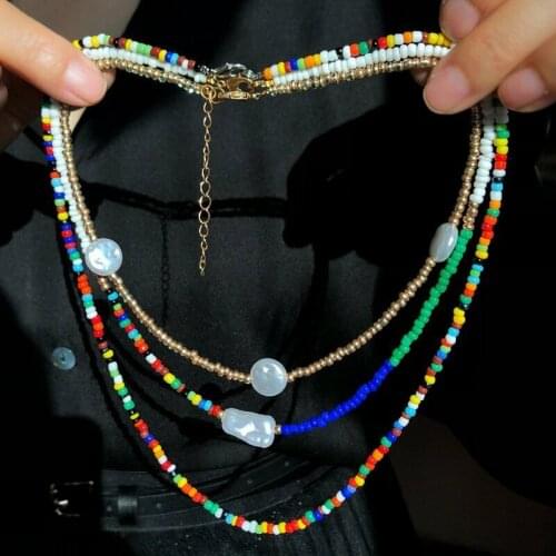 Necklace Fishtail Pendant Boho Multi-layer Women Choker New Colorful Beads Pearl