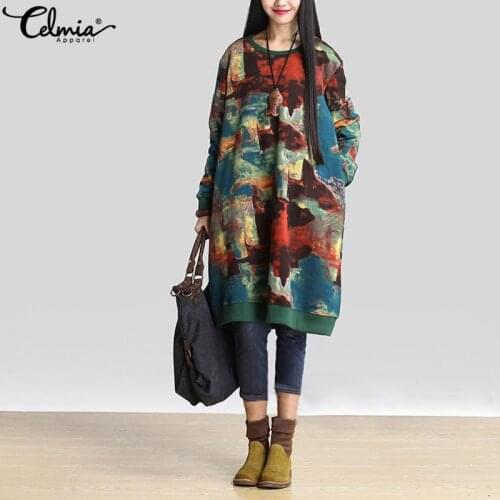 Winter Sweatshirt Dress Celmia Women Vintage Print Long Sleeve Casual Loose Long Vestidos Robe Femme Pockets Dress