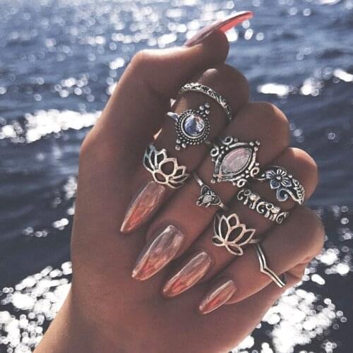 10 Pcs/Set Bohemian Hollow Elephant Lotus Flower Water Drop V Shaped Crystal Gem Silver Color Joint Ring Set for Women