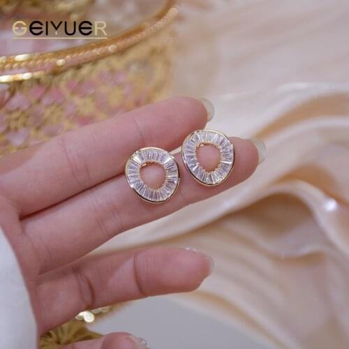 14k Real Gold Personality Irregular Circle Earring Fashion Women Brilliant AAA Zirconia Stud Earring Brincos Wedding Pendant