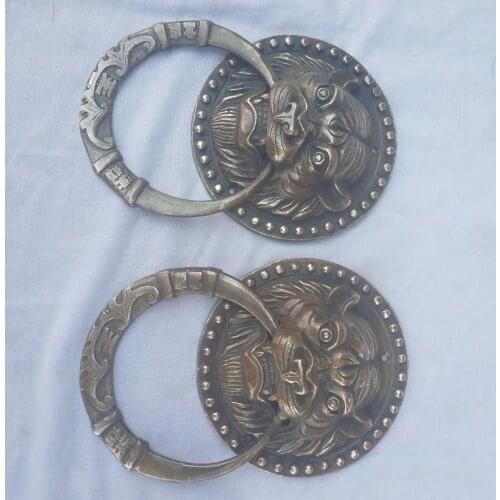 Home door decoration accessories,Collection 1 Pair Chinese Old Bronze tiger Door bell,Antique style Metal Knocker