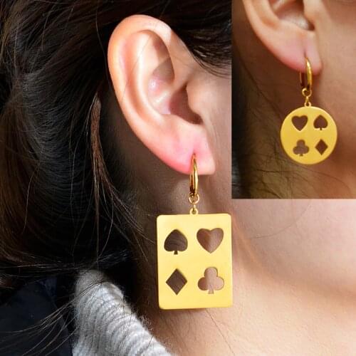 Anniyo (1 Pair) Micronesia Earrings Women Girl,Round & Rectangle Poker Earrings Metal Playing Cards Jewelry Hawaiian #144021