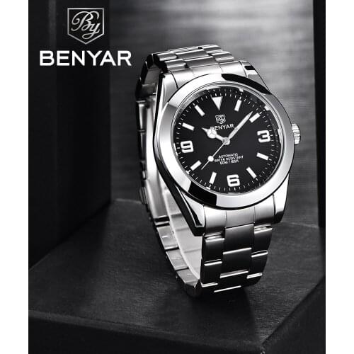 BENYAR Automatic Mens Watch 2021 Luxury Brand Stainless Steel Folding Clasp 50M Waterproof Mechanical Wristwatch Luminous Hands