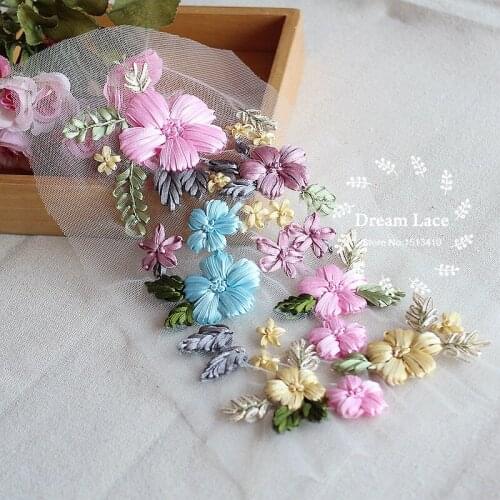 Free shipping (2pieces/lot) 3D Ribbon Sewing Floral Flower Motif Lace Applique ,Wedding Bridal Embroidery Lace patch