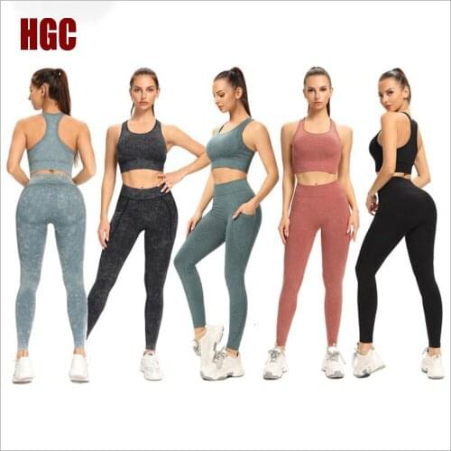 HGC Seamless Suit Women Yoga Set 2 Piece Sport Pocket Leggings And Top Push Up Mesh High Elastic Fitness Sportwear Gym Clothes