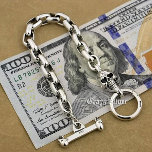 Shiny Punk Rocker Fashion Ellipses Bracelet Solid 925 Sterling Silver Cool Mens Biker Skulls Bracelet 9N014