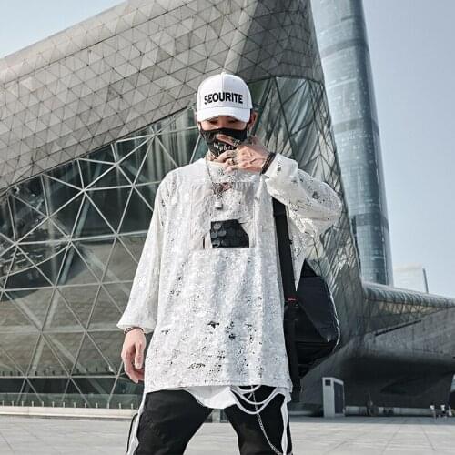 Camiseta Masculina Men Long Sleeve Loose Casual Sequin T Shirt Male New Streetwear Hip Hop Punk Gothic Dancer Tshirt Tees Shirts