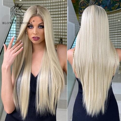 Blonde Unicorn Long Synthetic Straight Ombre Blonde Platinum Lace Front Wig for Women Cosplay High Density Hair Heat Resistant
