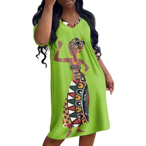 HYCOOL African Art Girls Kente Casual Boho Beach Dresses Womens V-Neck Party Summer Dress Short Sleeve Loose Mini Dress Elegant