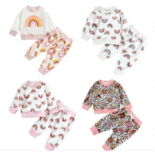 Autumn Baby Girls Boys Clothes Sets 2pcs Rainbow/Flowers/Leopard Sweatshirt Tops Long Pants 0-3Y