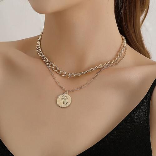 Vintage Thick Chain Figure Goddess Pendant Necklace Women Double Layer Temperament Geometric Clavicle Necklace Jewelry Kolye