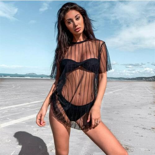 2020 Pareo Beach Cover Up Striped Mesh Sheer Bikini Dress Cover Ups Swimwear Women Robe De Plage Beach Bathing Suit Cover Ups
