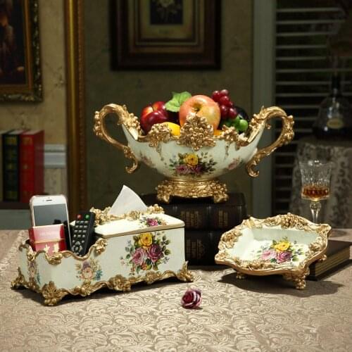 European Luxury Retro Resin Fruit Bowl Plates Tissue Box Ashtray Crafts Ornament Home Coffee Bar KTV Table Figurines Decoration