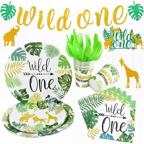 Jungle Animal Disposable Tableware Set Wild One Paper Plate Cup Napkin Green Forest Safari Theme Kids Birthday Party Decorations
