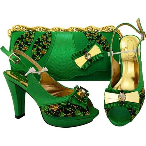 Most popular green women pumps with rhinestone and big crystal bowtie design african shoes match handbag set for dress MM1048