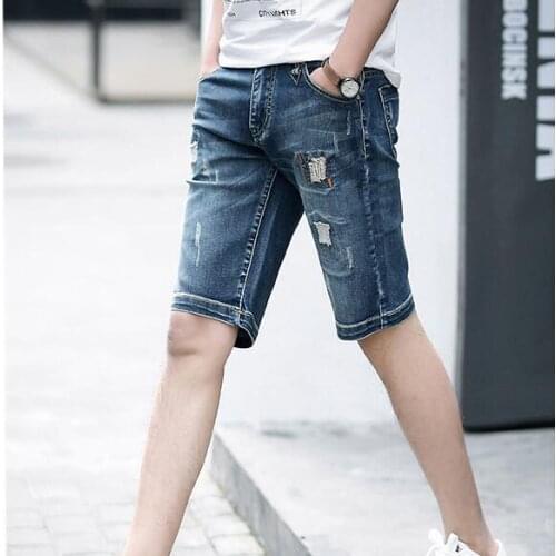 Shorts Jeans Denim Men Summer Jeans Holes Elasticity Knee Length