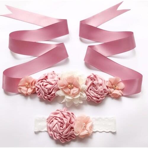 Vintage New Silk Ribbon Flower Belts Girl Woman Sash Belts with Children Flower Headband Fashion Wedding Accessory Decorations