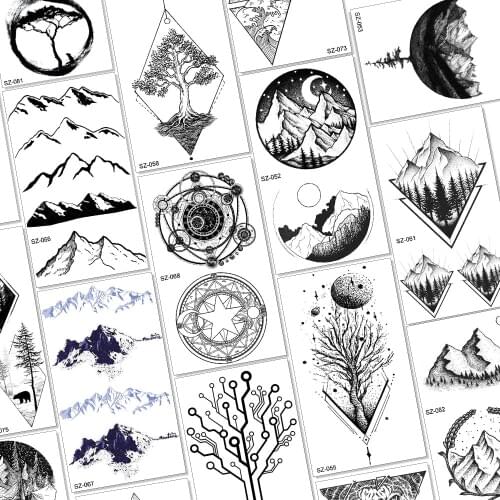 Magic Cartoon Waterproof Black Temporary Tattoo Mountain Tree Totem Design Waterpoof Fake Tattoo Sticker Paper For Men Women Kid