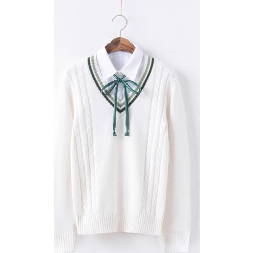 Twisted Knitting Winter V-Neck Sweater Japanese JK School Uniform Long Sleeve Cotton Tops Color White with Tea Green Lines