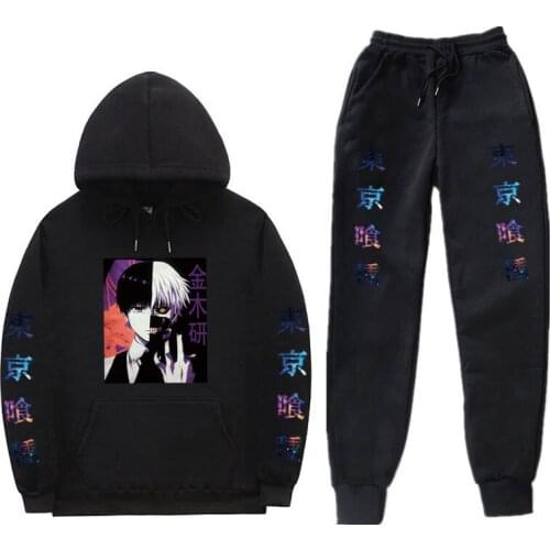 Japanese Anime Tokyo Ghoul mens Hoodie + Pants Two-Piece Suit sportswear hoodie Harajuku Autumn Winter Print Casual Sports Suit