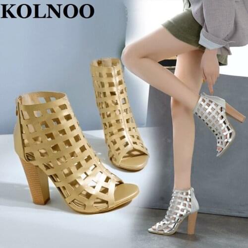 KOLNOO Handmade Ladies Chunky Heels Sandals Cut-Out Peep-Toe Sexy Summer Party Prom Evening Two-Colors Gold Silver Fashion Shoes