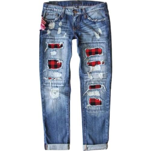 Plus Size Women Jeans Fashion Ripped Hole Plaid Patch Patchwork Long Jeans Denim Pants Trousers For Women Casual джинсы женские